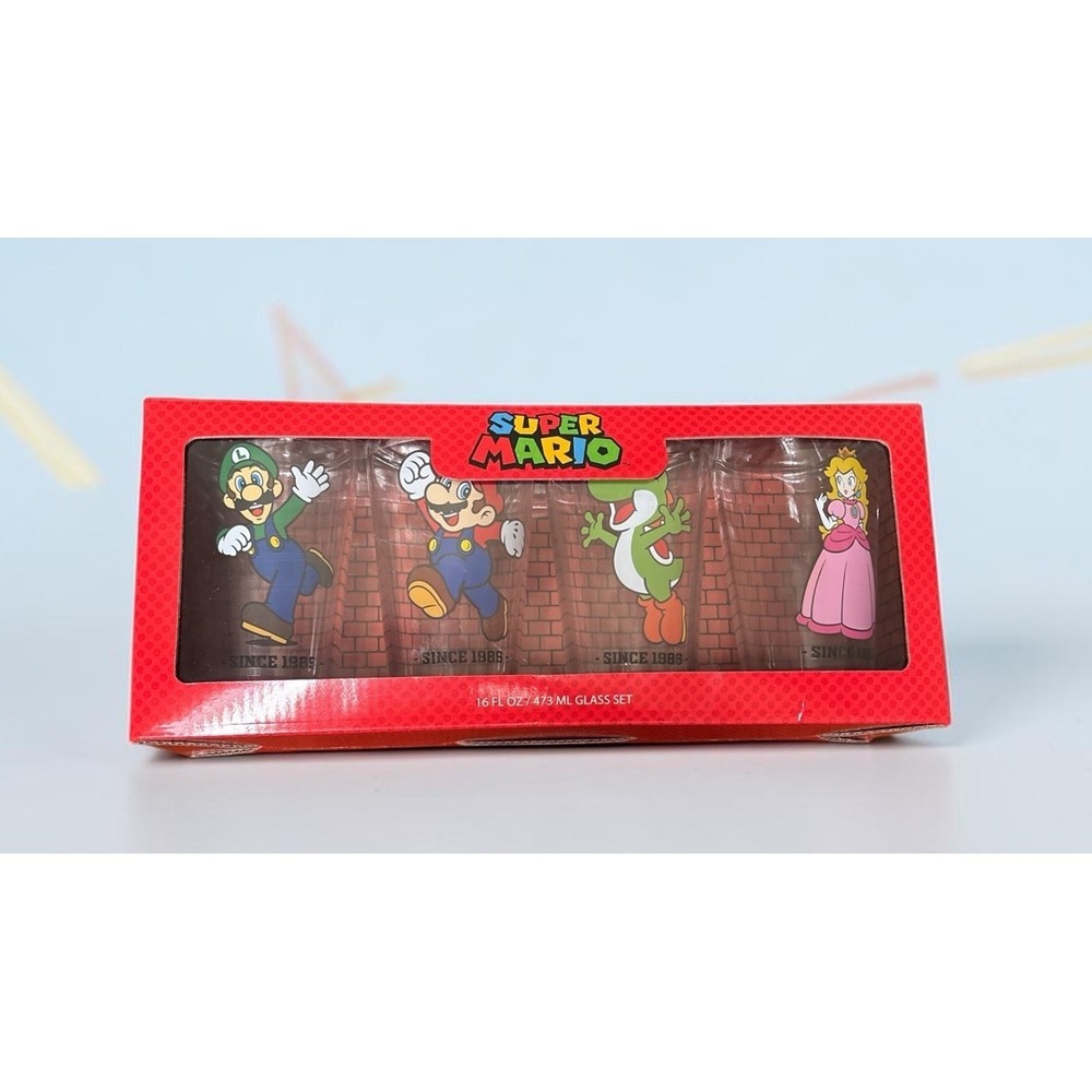 Super Mario 16 oz Collectible Drinking Glass Set Luigi Yoshi Princess Peach NEW